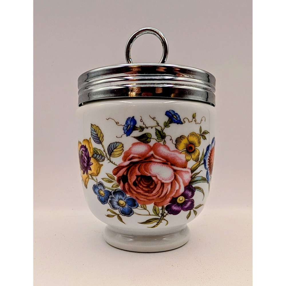 Royal Worcester Porcelain Egg Coddler Floral Rose Pattern Chrome Lid with Box